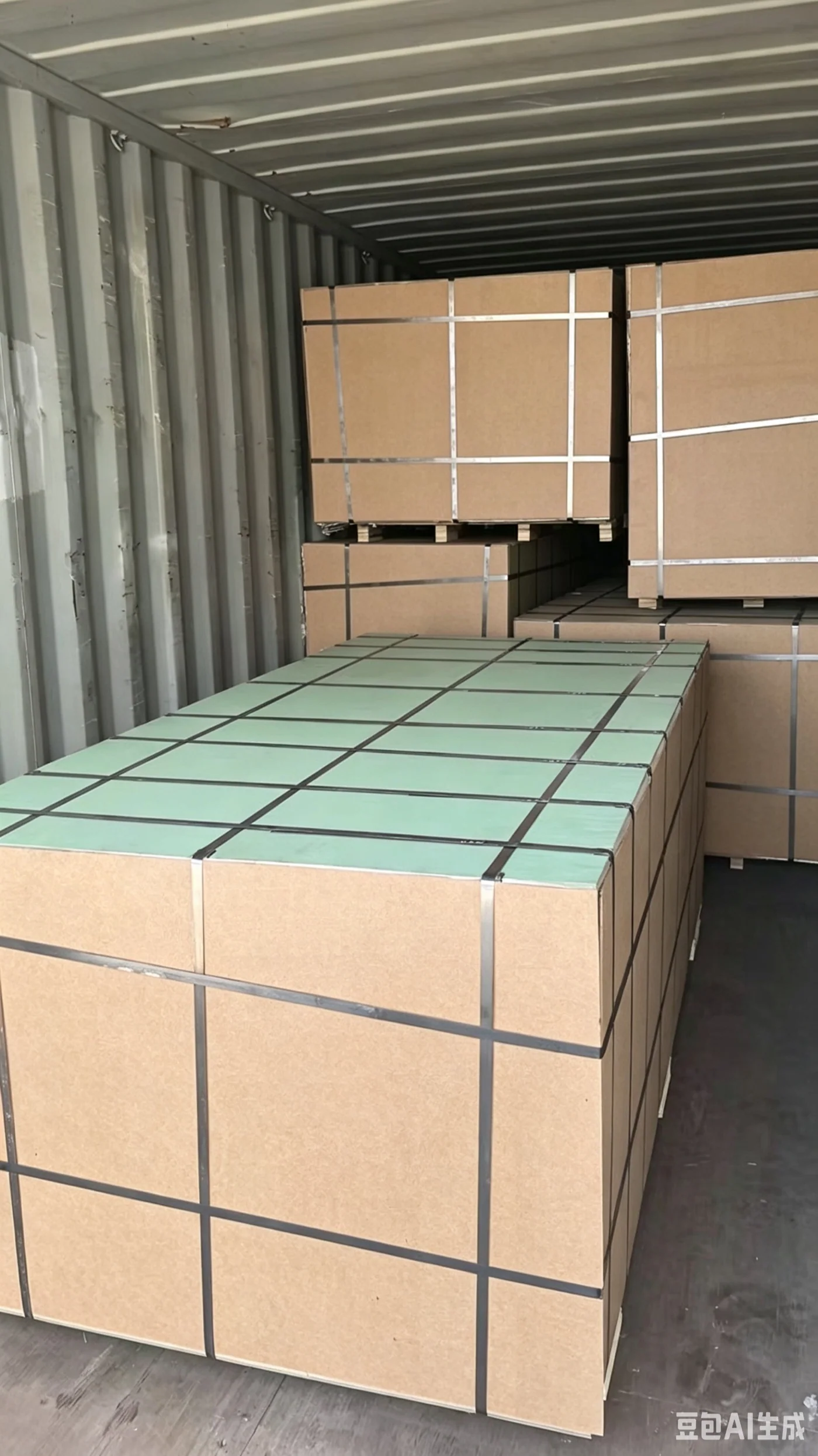 Export-packed MDF boards prepared for container shipment