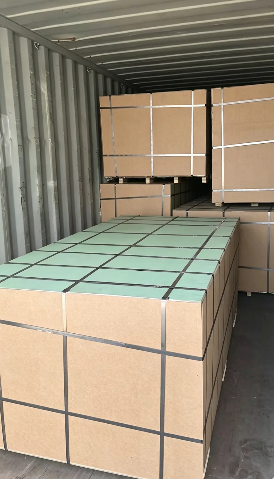 MDF export packaging loaded inside a shipping container